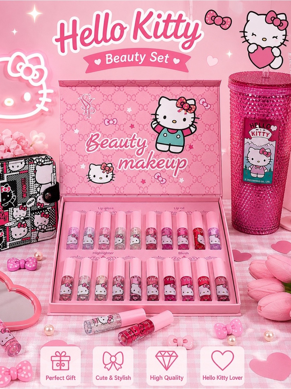 🎀 Hello Kitty Beauty Bundle 💄 Lip Gloss Set + Wallet + Pink Tumbler 💖